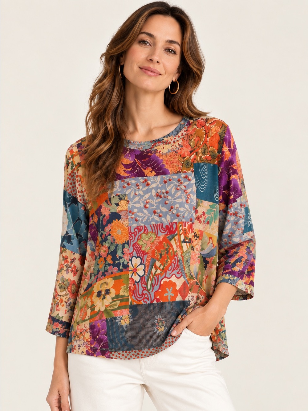 Johnny Was Patchwork Tunic Top Multicolor Floral 3/4 Sleeve Boho Size M